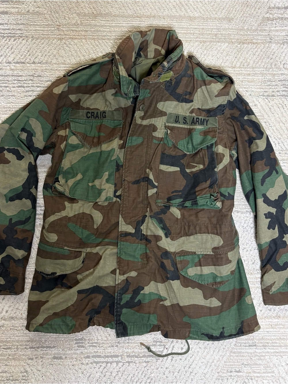 1987 US Army M65 Woodland Camo Field Jacket Small Short Named Craig Patched
